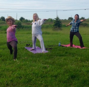 Skinner, at right, sponsored a 'barn' yoga class for clients